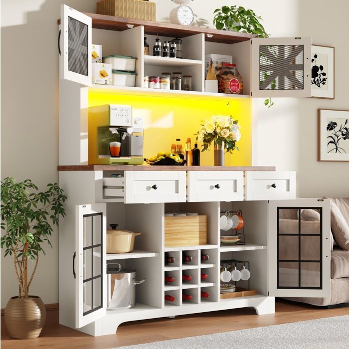 Colonne de rangement de cuisine EVRYAE 120 x 40 x 180 cm LED App porte-bouteilles porte-verres blanc