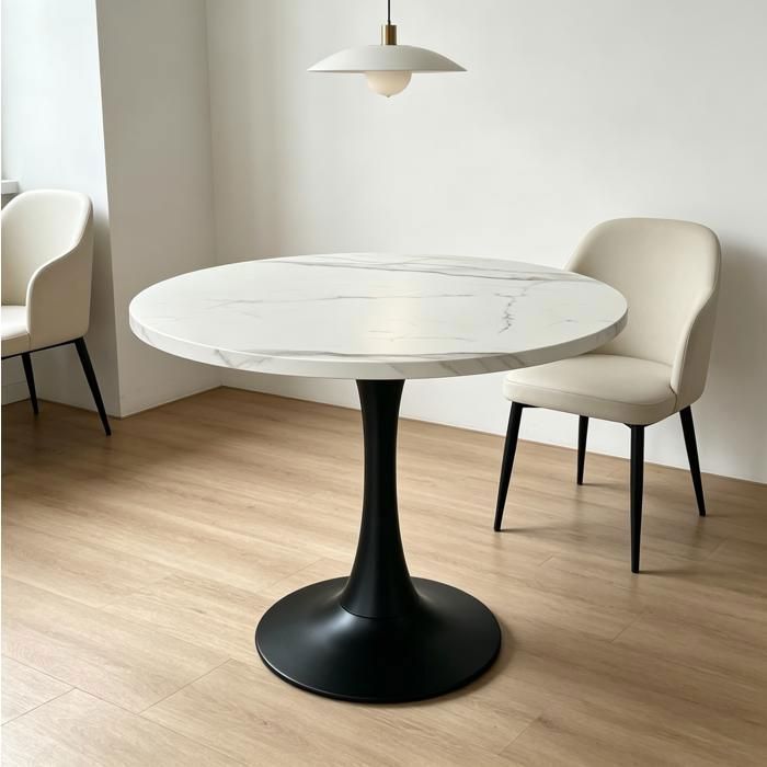 Table à manger ronde blanche et noire de diamètre 80 cm plateau MDF effet marbre pied métal usage polyvalent