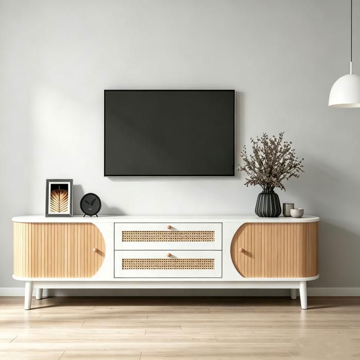 Meuble TV Rustique 170cm Banc TV avec côtés en rotin Armoire TV avec Porte et tiroirs pour Salon Chambre Blancet Bois Naturel