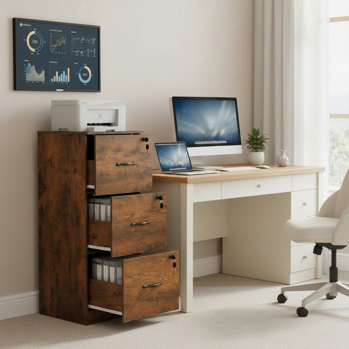 Meuble de bureau à roulettes avec 3 tiroirs - 2 compartiments ouverts - armoire de bureau - armoire à dossiers suspendus - Marron