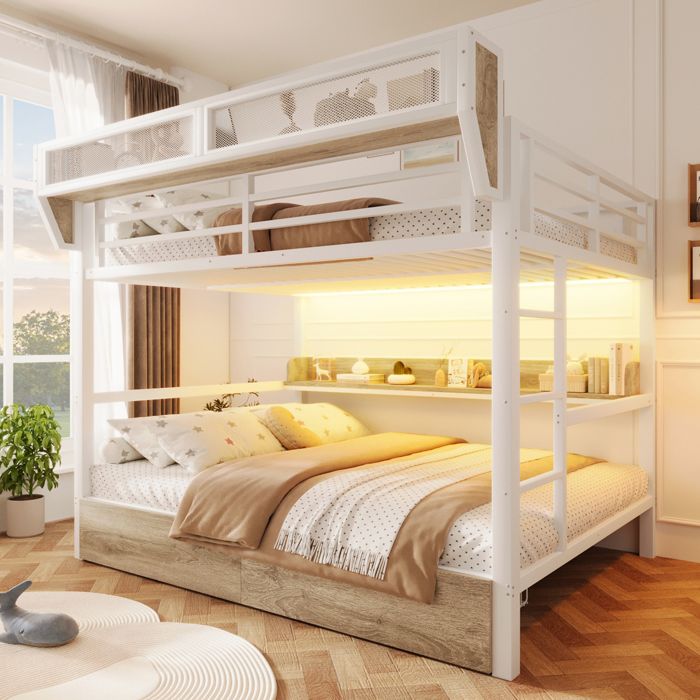 Lit superposé 140 x 200 cm structure en fer avec étagère panier de rangement 2 tiroirs en fer et lampe LED blanc