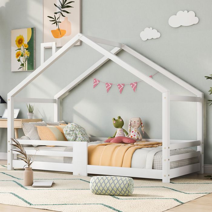 Lit enfant maison - Blanc - Bois massif - 90x200 cm - Protection contre les chutes - Design maison avec cheminée