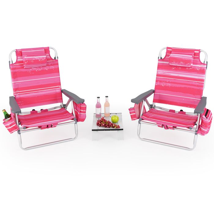 2 Chaises de Camping Pliantes COSTWAY Table Enroulable Appui-tête Dossier Réglable 5 Positions Ensemble 3pcs Moblier Jardin Rose