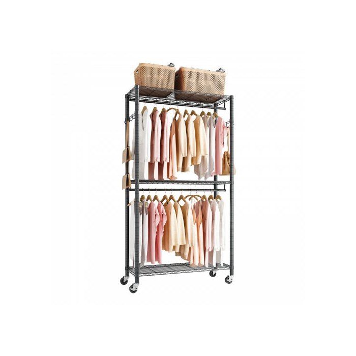 Portant Vêtements Mobile Roulettes 3 Étagères Réglables Acier Carbone Charge 204 kg pour Rangement Chambre Magasin Noir