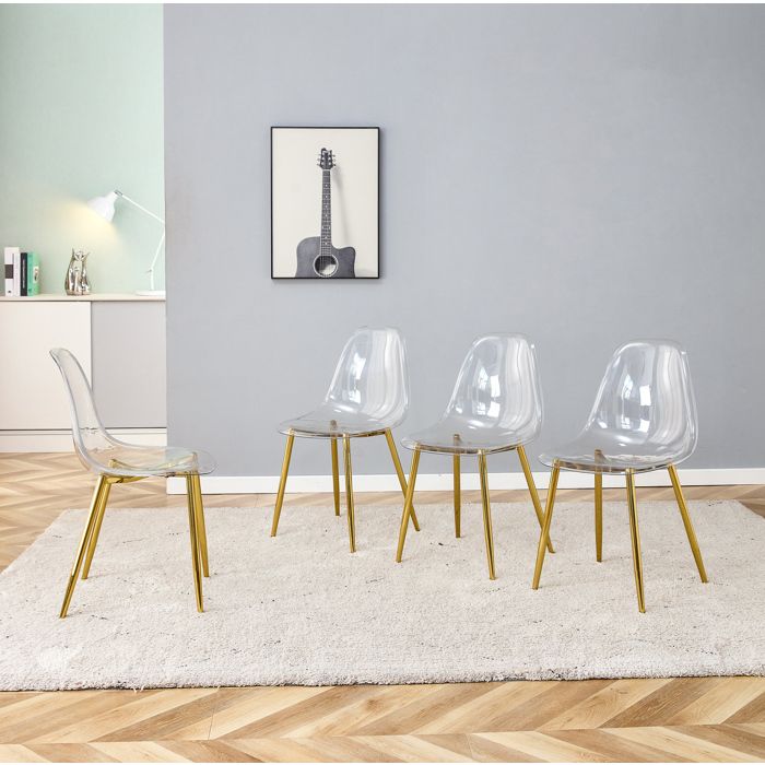 Lot de 4 chaises de salle à manger transparentes avec pieds métalliques dorés assise en plastique 83 cm
