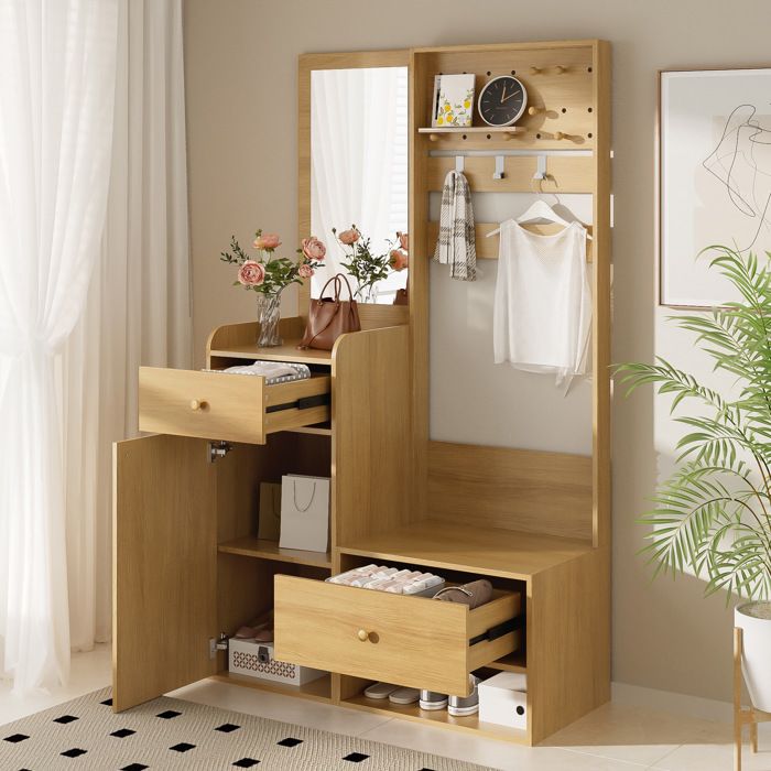 JOINERY Vestiaire dentrée avec miroir et banc à chaussures 1 porte 2 tiroir 105 x 38 x 180cm Meuble dentrée
