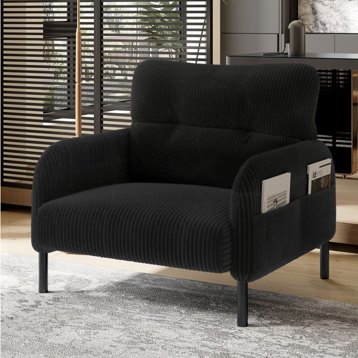 JOINERY fauteuil salon 1 place assise profonde poche latérale tissu côtelé noir structure métallique bureau 67 75 79 cm