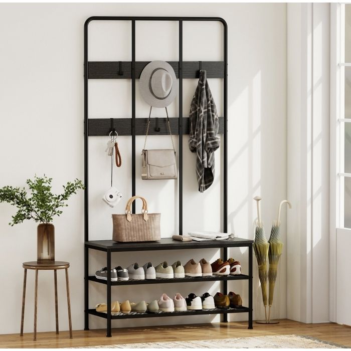 Vestiaire dentrée 3-en-1 avec 6 crochets banc et range-chaussures 2 étagères - TCQPZ - en métal noir 91 × 36 × 180 cm