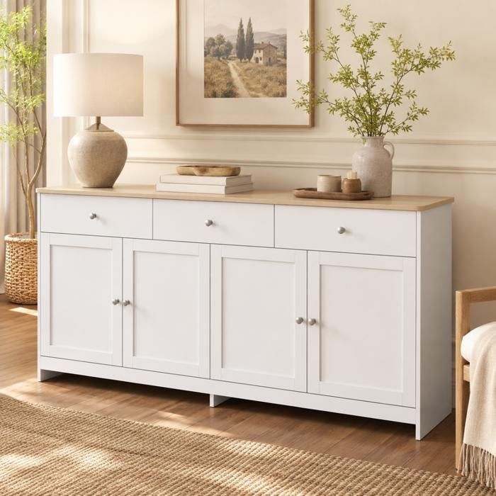 Buffet avec 4 Portes 3 Tiroirs Armoire de Cuisine avec Étagères Réglables Buffet Bahut avec Grand Rangement Blanc 160x37x75 cm