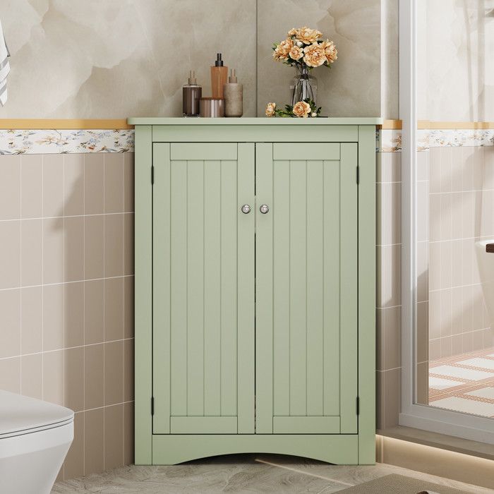 Meuble Salle de Bain - 61.5x34.5x80cm - Armoire de Coin Autoportante avec 2 Portes 3 Niveaux de Rangement en Bois MDF - Vert