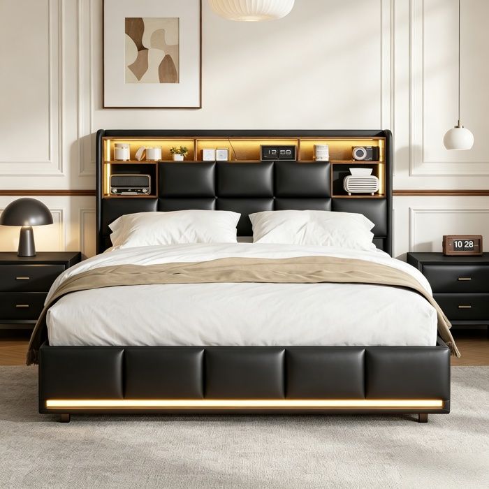 Lit 140x190 cm lit coffre avec rangement LED et chargeurs USB tissu en PU noir sommier inclus
