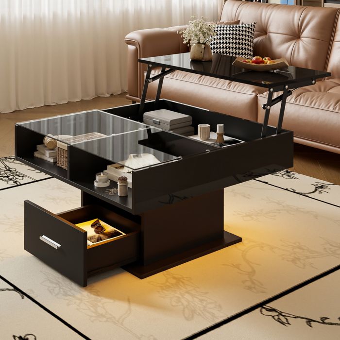 VUENOR Table basse relevable LED 78 x 78 cm noire avec rangement et hauteur réglable