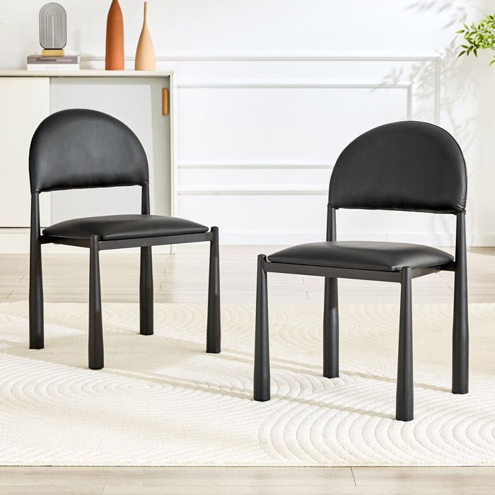 Lot de 2 Chaises de Salle à Manger - avec Dossier Semi Circulaire Rembourré - en PU et Métal - Noir - 80 cm