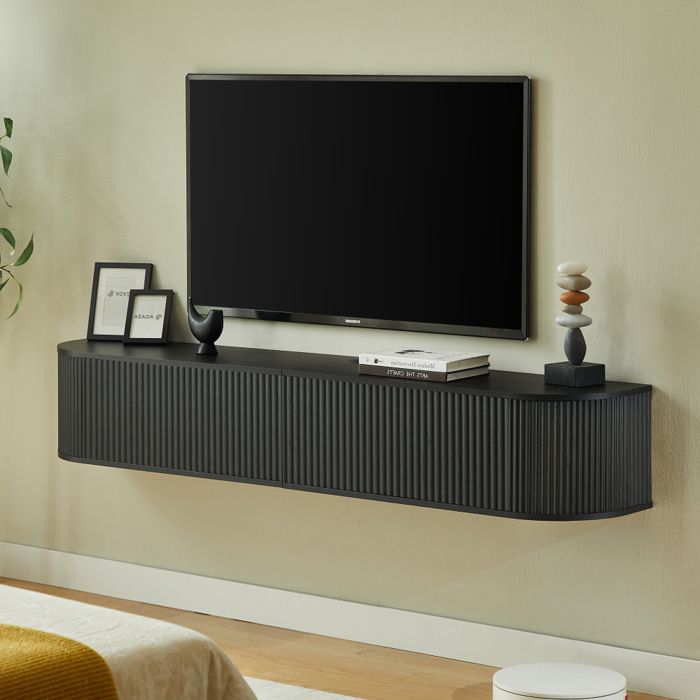 Meuble TV mural blanc 180cm design suspendu rangement fermé arrivée câbles intégrée charnières amorties pour TV 50-80 pouces