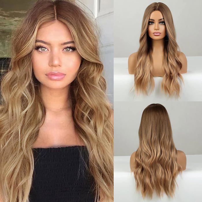 Longue Perruque Blonde Pour Les Femmes Perruque Synthétique Naturelle Ondulée Cheveux Bouclés Partie Moyenne Ombre Perruques[CA448]