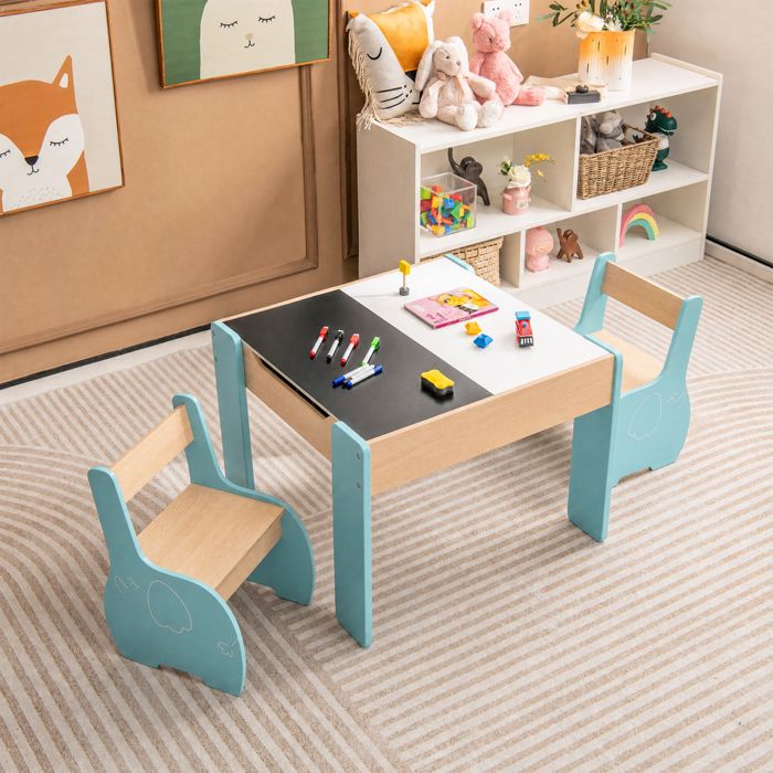 4 en 1 Ensemble Table et 2 Chaises Enfant-COSTWAY-Éléphant Plateau Réversible Table avec Chaise Enfant Rangement Intégré 3-6 Ans