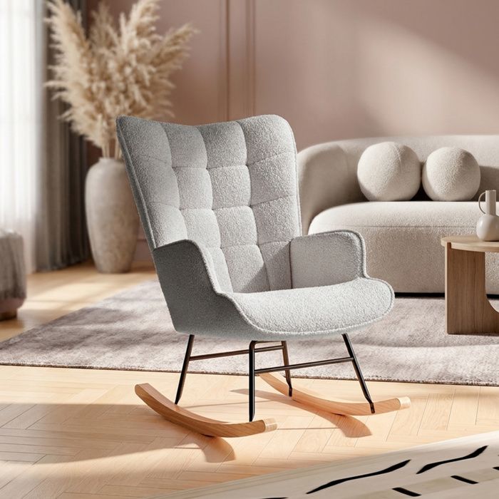 fauteuil à bascule tissu bouclette gris rocking chair avec rembourré et pieds bois massif fauteuil relax pour salon et chambre