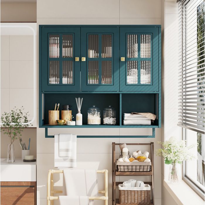 Armoire à pharmacie murale 3 portes avec rangement ouvert - LPOSPI - verre trempé porte-serviettes vert foncé