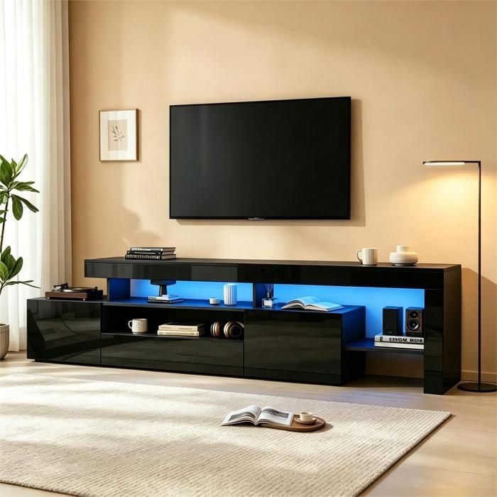 Meuble TV LED 192 cm Meuble Tele avec 3 Portes Banc TV Moderne Haute Brillance pour TV jusquà 85 Pouces Noir 192 x 37 x 53 cm