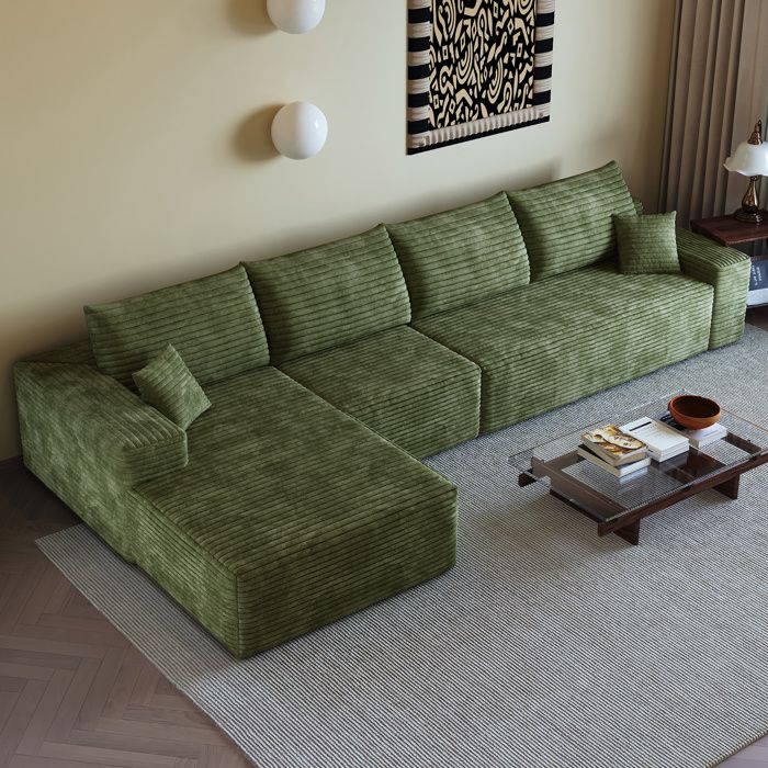 Canapé dangle modulable 340 cm chaise longue réversible en tissu corduroy vert sans montage ORVRYN