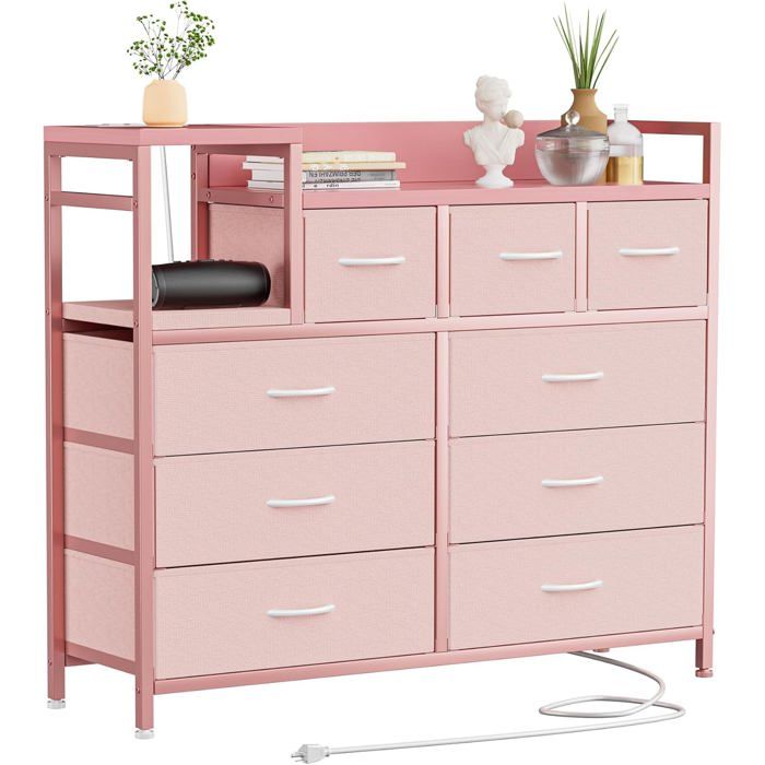 KOIOPLIE Commode dEntrée 9 Tiroirs Tissu Respirant avec Multiprise USB et Pieds Réglables - Meuble Rangement 100x30x86 cm - Pink