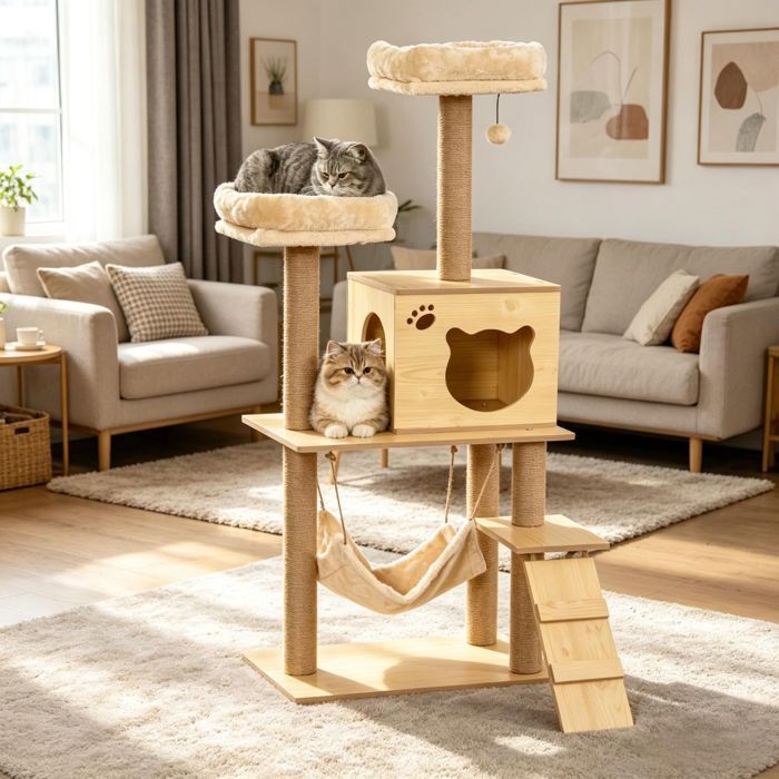 Arbre à chat en bois multi-niveaux avec hamac Arbre à chat en bois multi-niveaux avec hamac