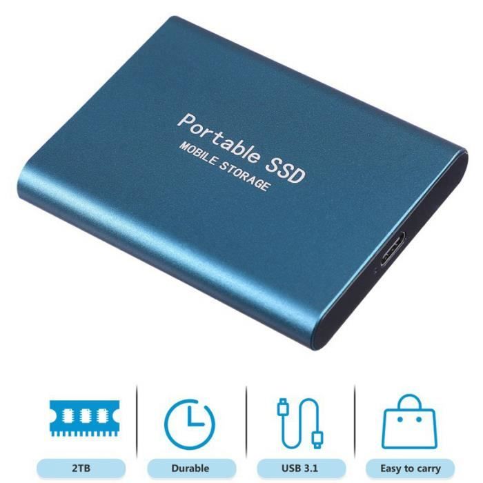 Disque Dur Externe Portable SSD - 2 To - USB 3.1 - Bleu