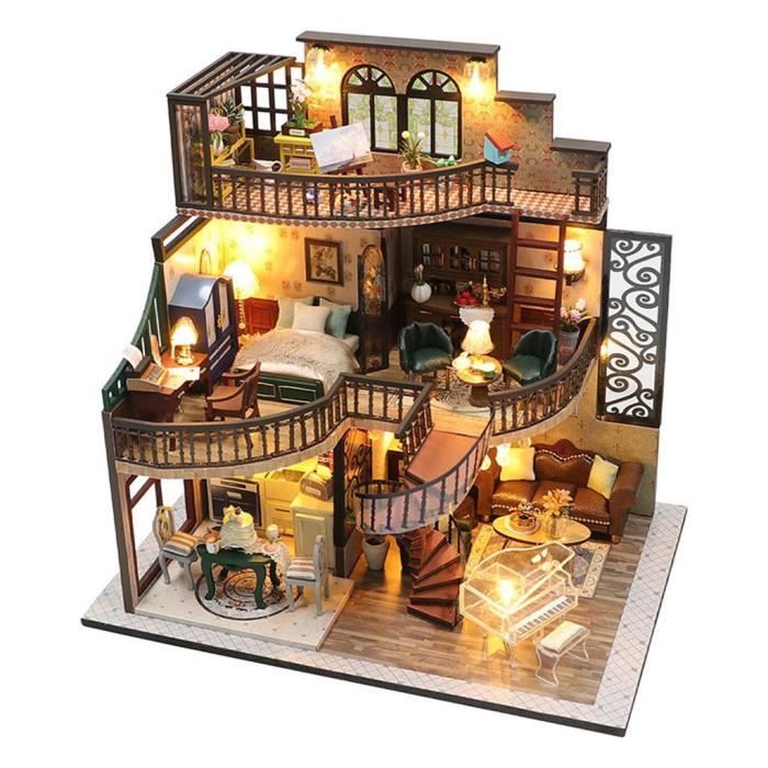Diy Mini Maison de Poupée De Ville Avec Meubles Librairie Enfants Adulte  Miniature Maison de Poupée En Bois Kits De Cuisine Jouet Cadeau Ds