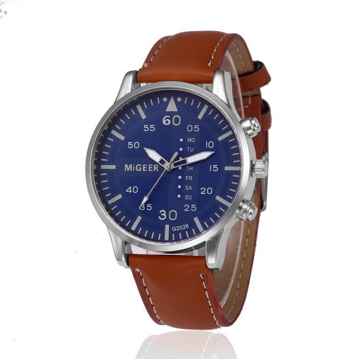 Montre Migeer Montre bleue pour homme bracelet en cuir quartz