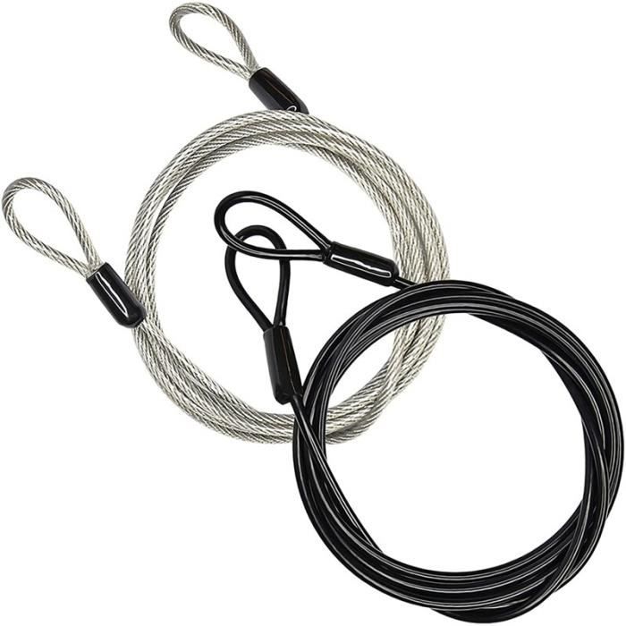 Câble De Sécurité Acier Tressé 10 Pieds / 12 Mm - Revêtu Vinyle Noir, Extrémités Bouclées, Neuf