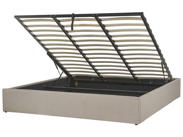 Lit double en tissu beige 180x200 avec coffre DINAN Lit double en tissu beige 180x200 avec coffre DINAN