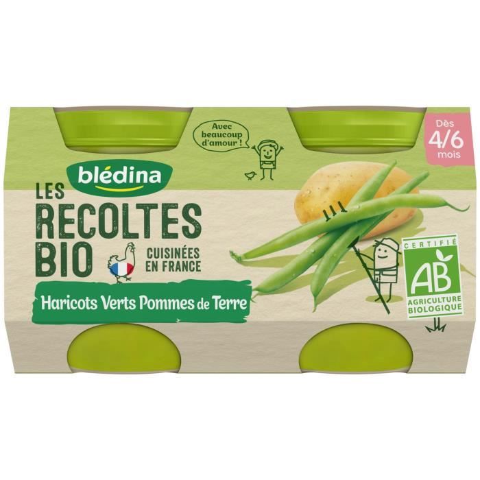 Blédina Les Récoltes Bio Pot Haricots Verts Pommes de Terre +4m 2 x 130g