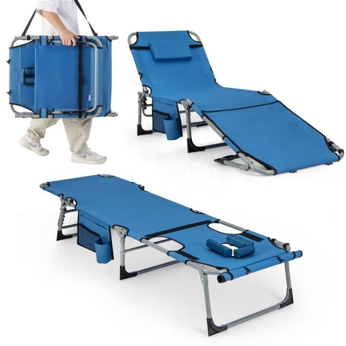 costway chaise longue pliante avec oreiller amovible et cavité faciale, dossier réglable à 5 positions, 150 kg, bleu