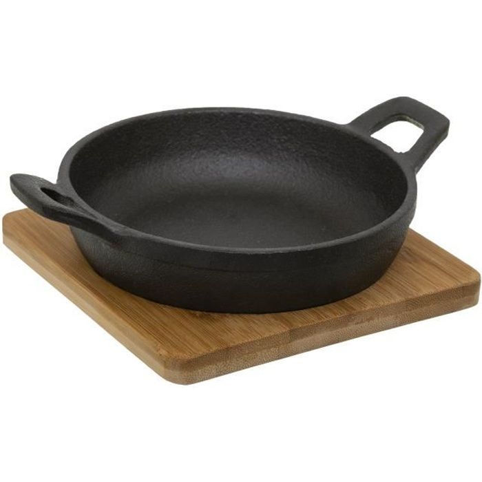 Olympia Plat en fonte rond à oreilles, 760 ml, Taille : 18(Dia)cm, Noir Brillant, Antiadhésif une fois Assaisonné, Service du Four à la Table, Base en Bois (GJ555) Vendu Séparément, GJ554