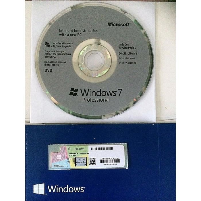 Système dexploitation – Microsoft – Windows 7 Pro – 64bit – DVD – Certificat dauthenticité COA