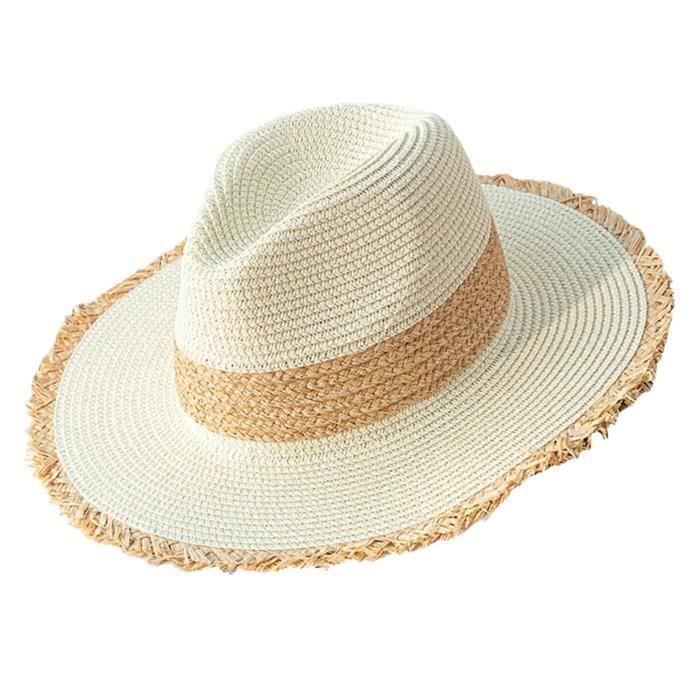 Chapeau de Cowboy en Paille Style Occidental Unisexe Chapeau de Cowgirl Tissé en Paille d'Été Chapeau de Soleil à Large Bord Marine