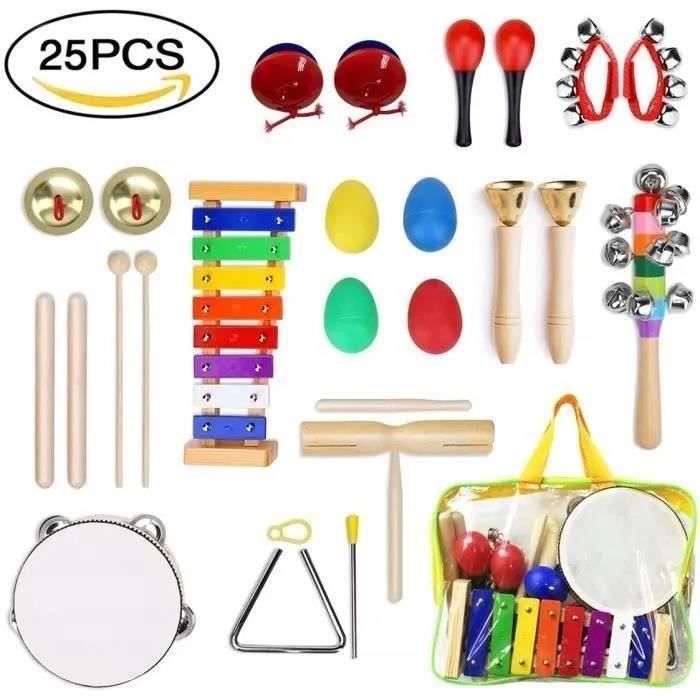 Ballery Instruments de Musique pour Enfants, 25 pièces Instruments de  Musique en Bois Percussion pour Bébé avec Xylophone, Tambourin, Triangle et  Autre Instrument Jouets dans Un Sac de Transport