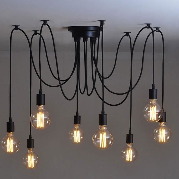 Lustre à 8 ampoules E27 - Rétro vintage - Style industriel - Noir - ONEVER