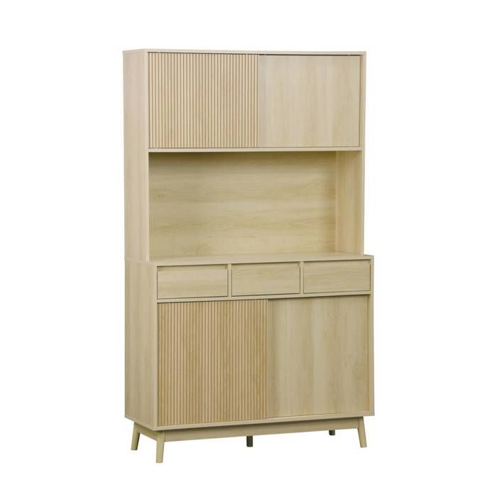 Buffet de cuisine LINEAR décor bois 4 portes 3 tiroirs 110 cm. Naturel. pieds en bois de pain revêtement papier Buffet de cuisine LINEAR décor bois 4 portes 3 tiroirs 110 cm. Naturel. pieds en bois de pain revêtement papier