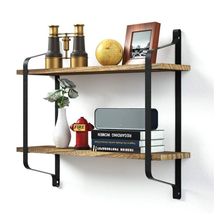 Etagere Murale Flottante A 2 Niveaux Style Industriel En Bois De Paulownia Metal 60x15x50cm Cdiscount Maison