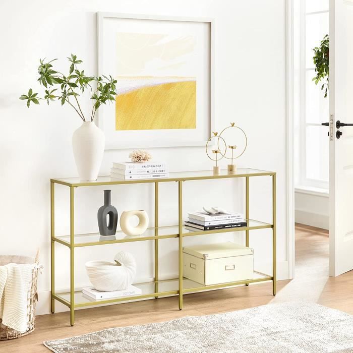 console dorée vasagle - table d'entrée - 2 étagères en verre trempé - 130 x 30 x 73 cm