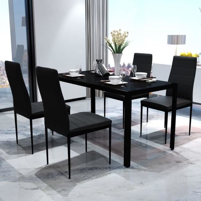 Table à manger contemporaine 5 pièces - VIDAXL - Noir - Verre trempé - Cuir artificiel - 6 places