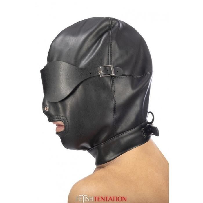 Cagoule BDSM En Simili Cuir Noir Avec Baillon Amovible - Marque Fetish Tentation - Neuf