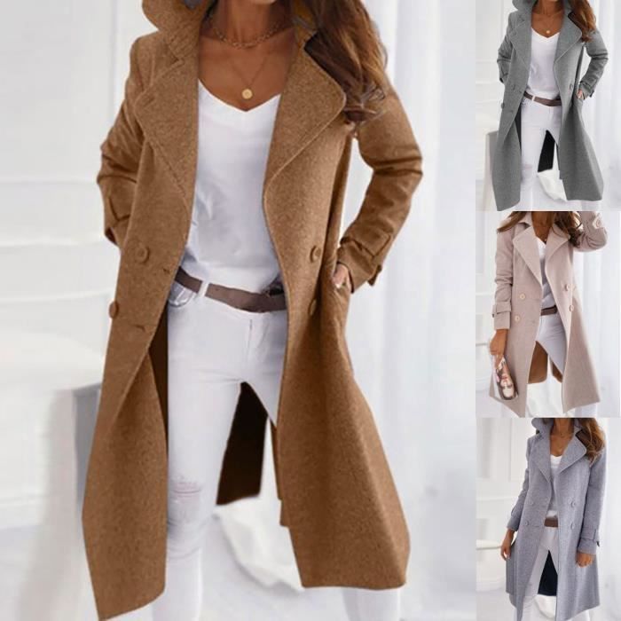Manteau en laine a manches longues pour femme Kaki Type decontracte et mode Blanc Cdiscount Pret a Porter