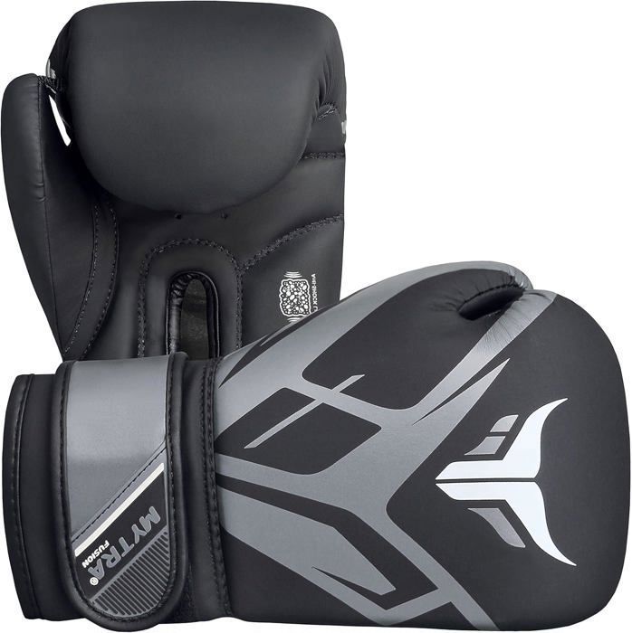 Mytra Fusion Gants de boxe pour enfants avec paume ventilée pour MMA, Muay Thai, sparring, combat, coups de poing (noir/doré, 113,4 g