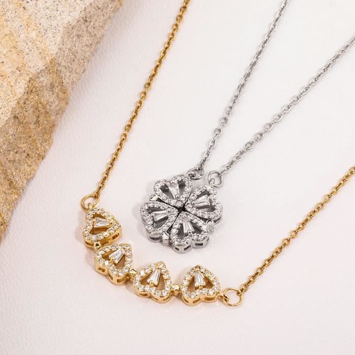 Collier Pendentif Trèfle En Acier Inoxydable Doré - Zircons, Longueur 36-40cm