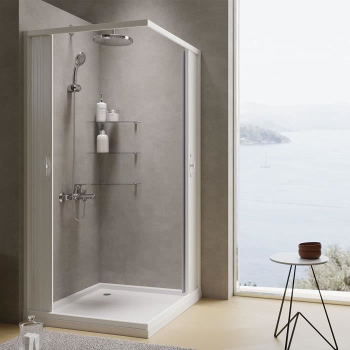 Cabine de douche en PVC, 3 côtés, 90 x 90 x H 185 cm, modèle SAMIRA, blanc, cabine de douche avec ouverture centrale et deux portes à soufflet, réductible