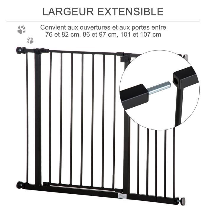PawHut Barrière de sécurité longueur réglable dim. 76-107l x 76H cm sans  perçage acier plastique noir