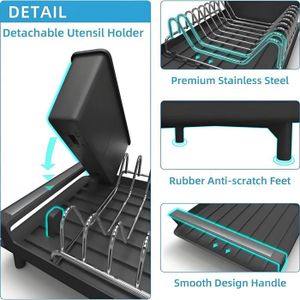 Égouttoir à Vaisselle Extensible FOXWHALE - Noir, Compact, Avec Porte-couverts Et Bec Pivotant