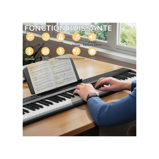 Piano Numérique KOMFOTTEU 88 Touches Semi-lourdes - 1000 Sons, LED Guide, Sac Inclus, USB/Bluetooth